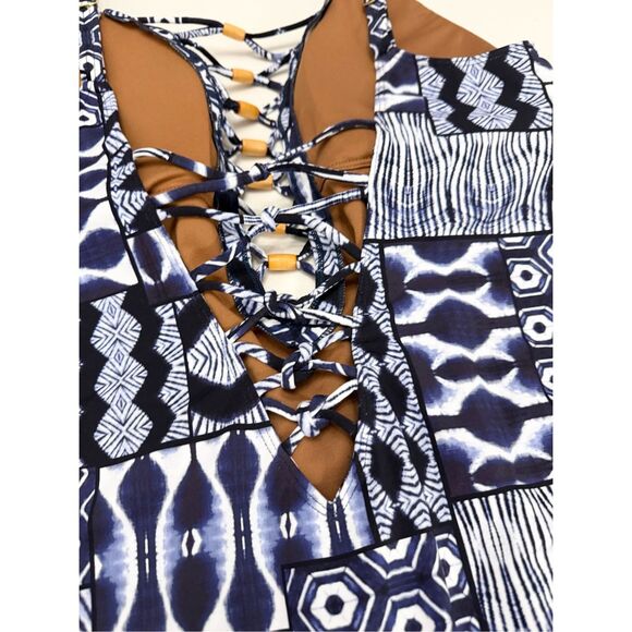 Bleu Rod Beattie Navy Multi Print Bamboo Island Time One Piece Swimsuit 14 NWT - Picture 5 of 8